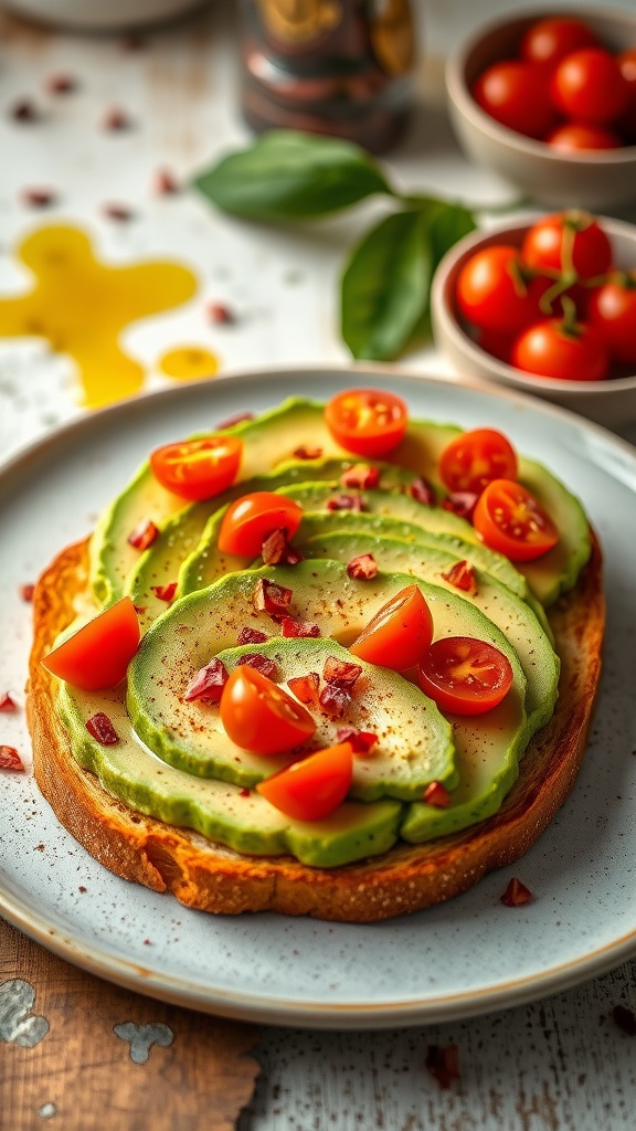 Avocado toast on a plate, topped with cherry tomatoes and pepper flakes, against a rustic kitchen backdrop.